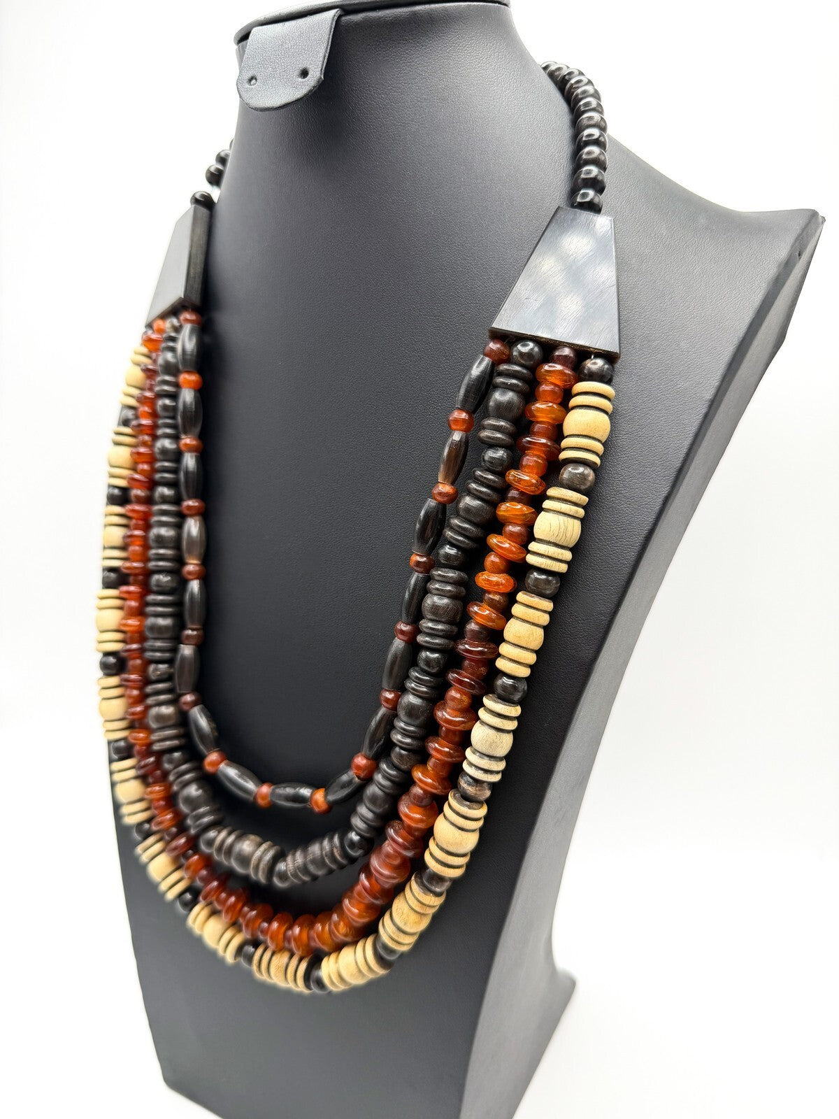 Multistrand Boho Amber & Wood Beaded Necklace Natural Tribal-Inspired Beach