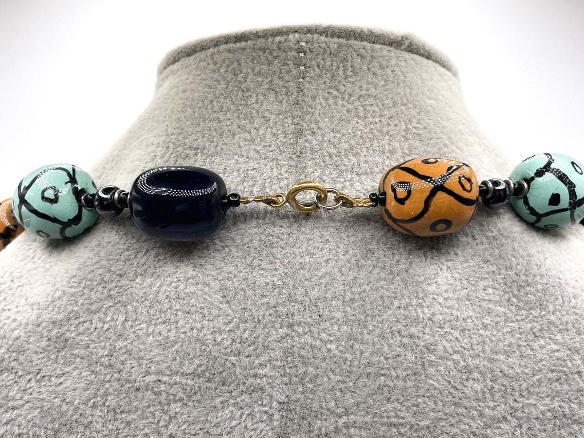 Vintage Porcelain Barrel Bead Necklace Hematite & Glass Accents, 128g, 22.5in