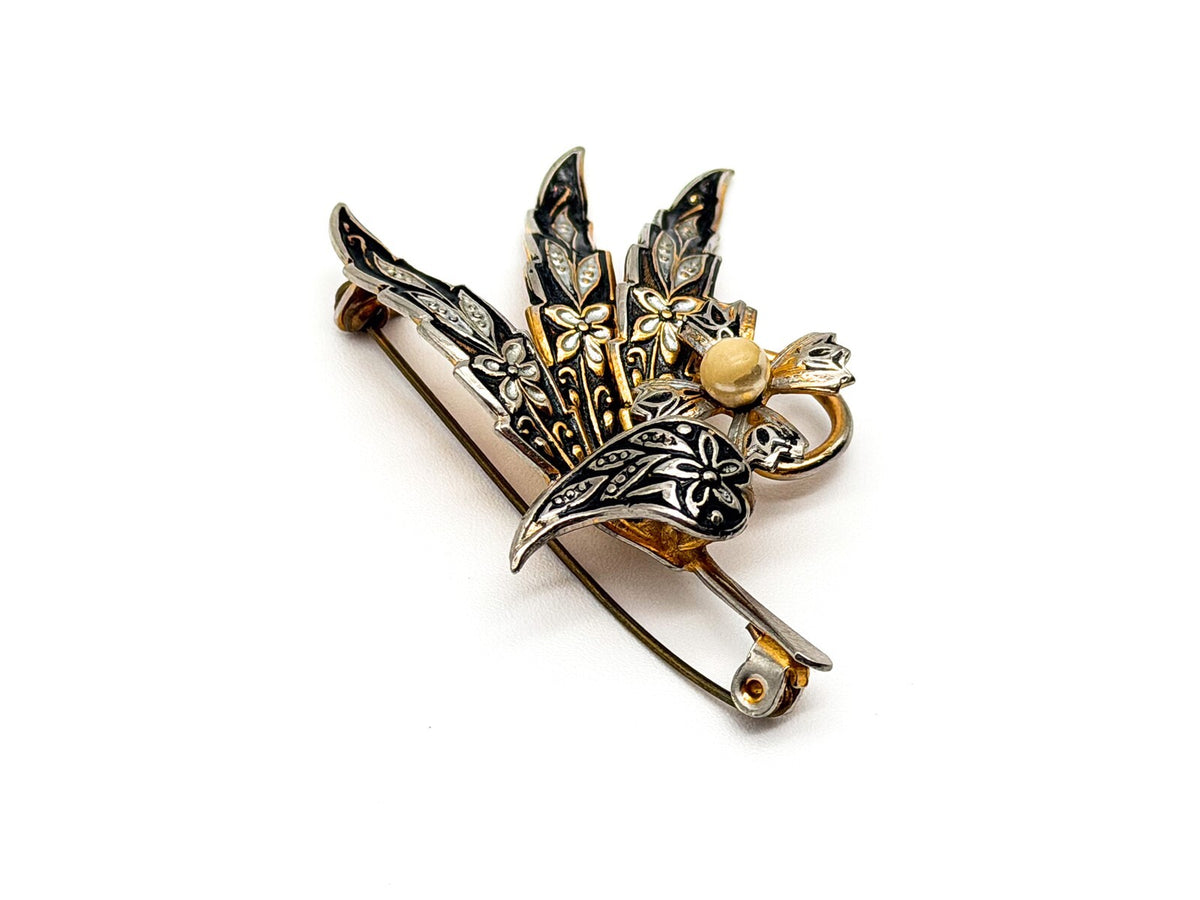 Toledo Damascene Leaf Brooch Gold Inlay Floral Vintage Spanish Pin 5.5cm