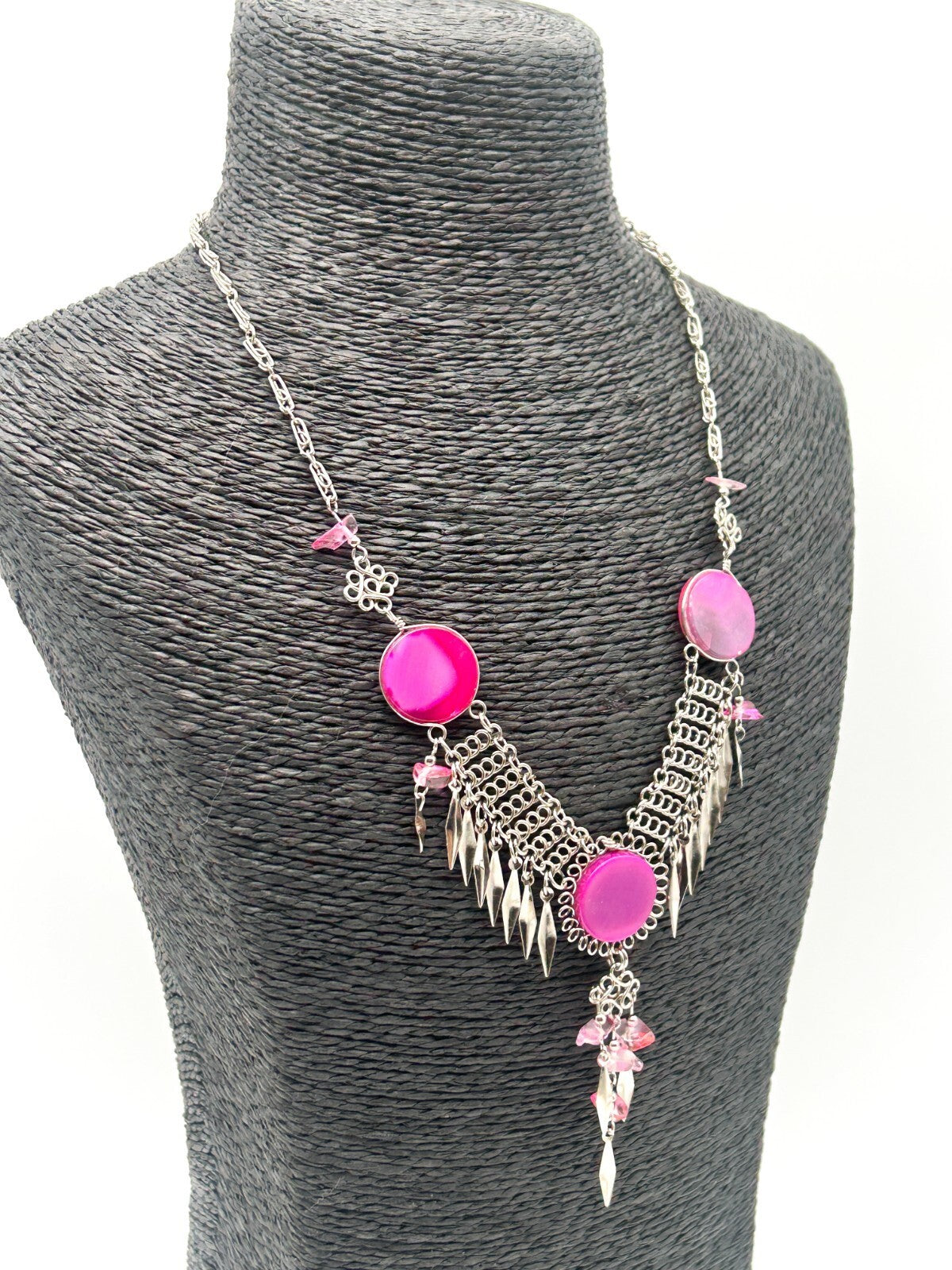 Peruvian Alpaca Necklace Earrings Set Pink Agate Chainmail Fringe Boho Statement