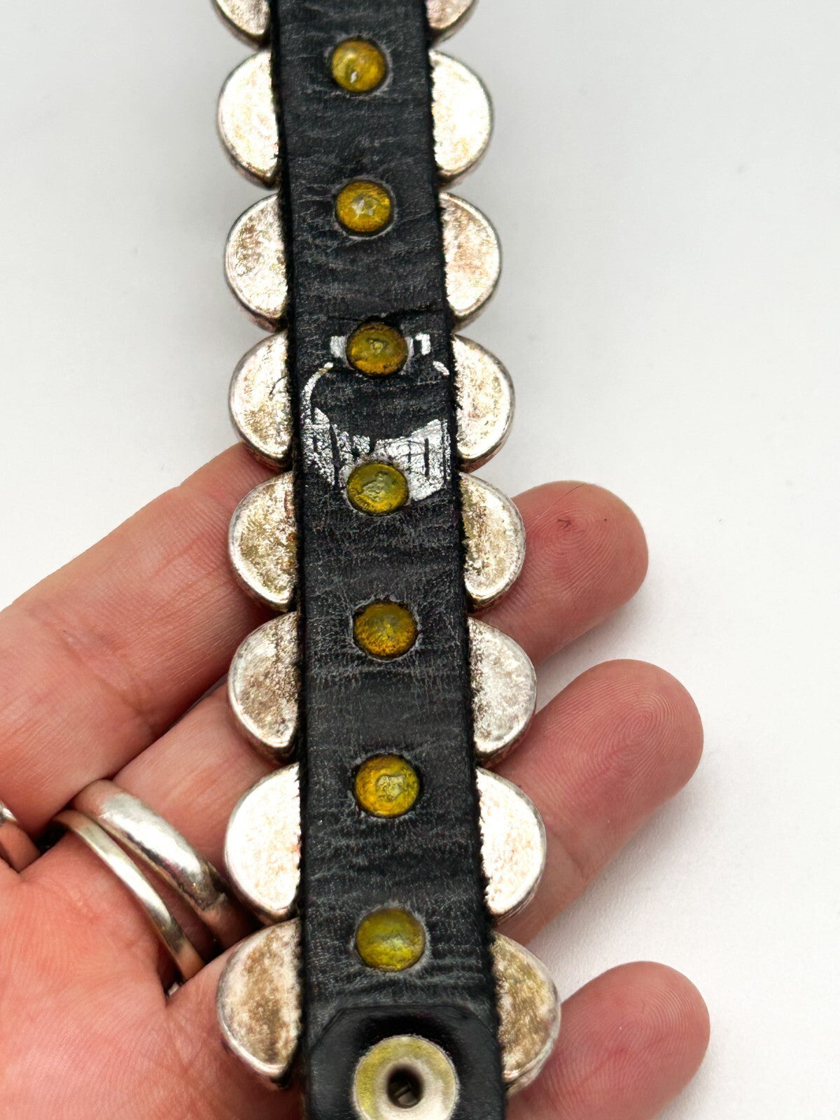 Industrial Silver Tone Cuff Bracelet Black Faux Leather Studded Strap Buckle