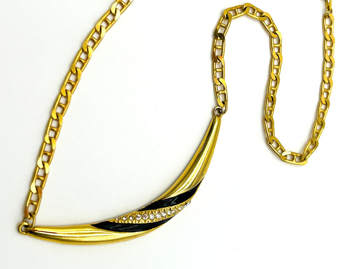 Gold Tone Black Enamel Rhinestone Necklace Figaro Chain Vintage Style