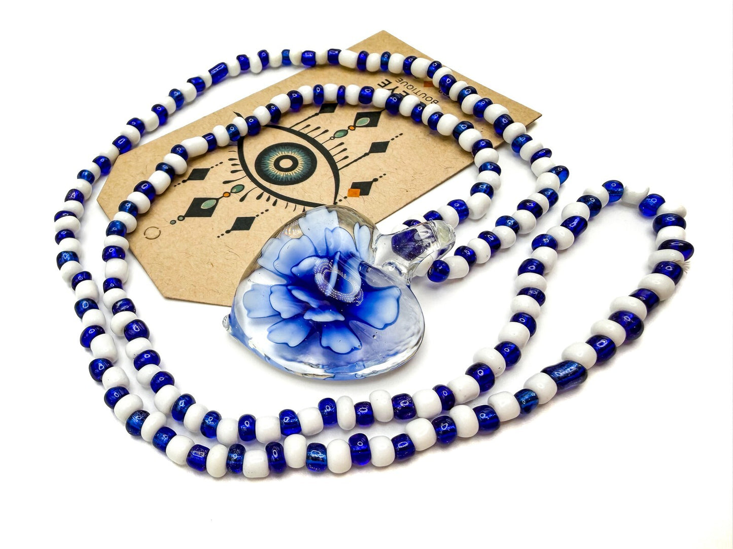 Vintage Blue & White Glass Beaded Necklace with Floral Art Glass Heart Pendant