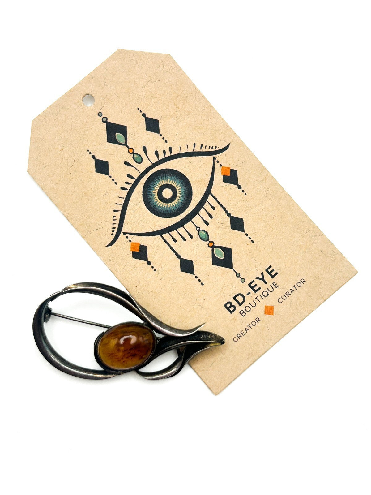 Vintage Baltic Amber 925 Sterling Silver Mid-Century Modernist Brooch Marked MG