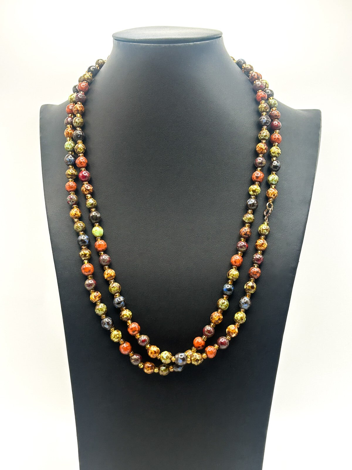 Vintage Mottled Glass Bead Necklace – Green, Orange, Brown & Mustard