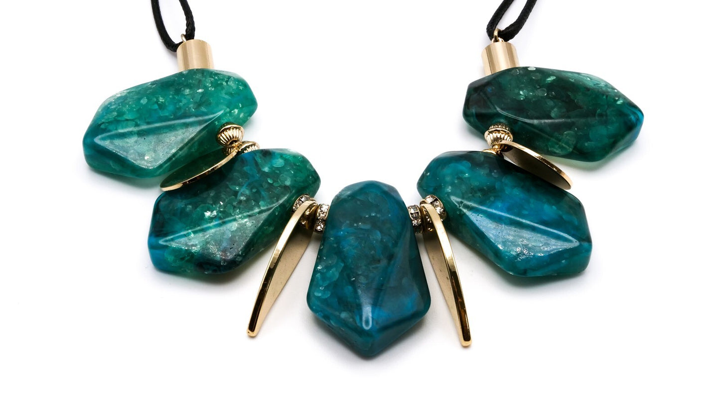 M&S Green, Turquoise & Gold Disc Statement Necklace | 17" + extender