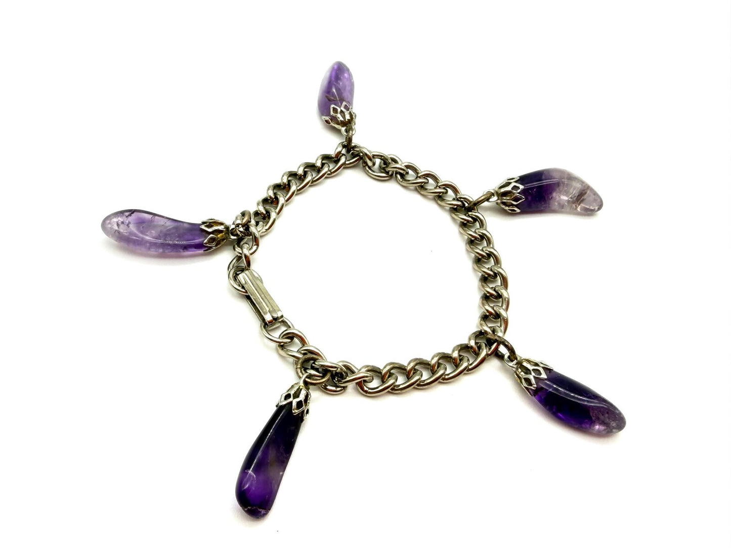 Vintage Amethyst Drop Bracelet Gemstone Charm Bracelet Purple Stone Silver Tone