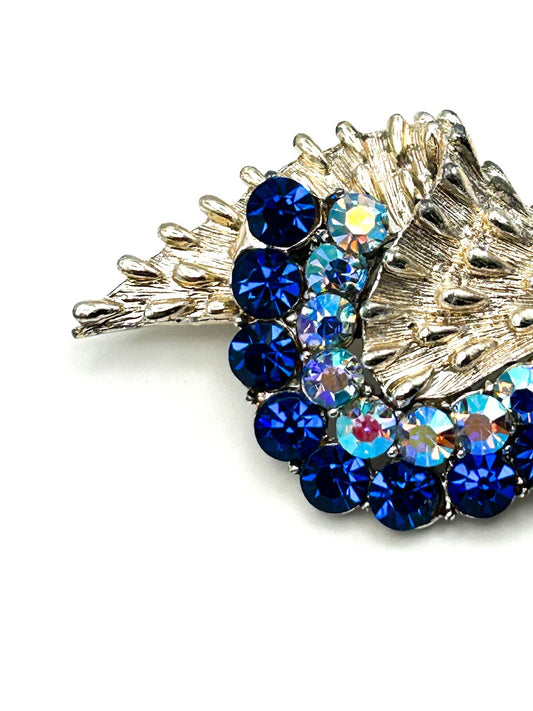 Vintage Style Blue Rhinestone Floral Spray Brooch Silver Tone Flower Statement