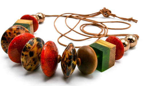 Earthy Tones Statement Necklace Multicolour 18.5" Wood Acrylic Resin Boho Orange