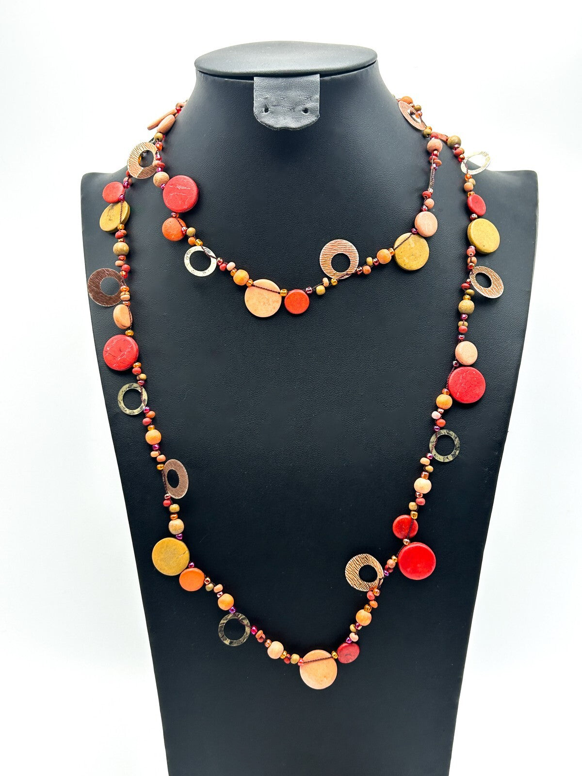 Boho Multi Strand Coconut Shell Necklace Rust Coral Disc Beads Long Statement