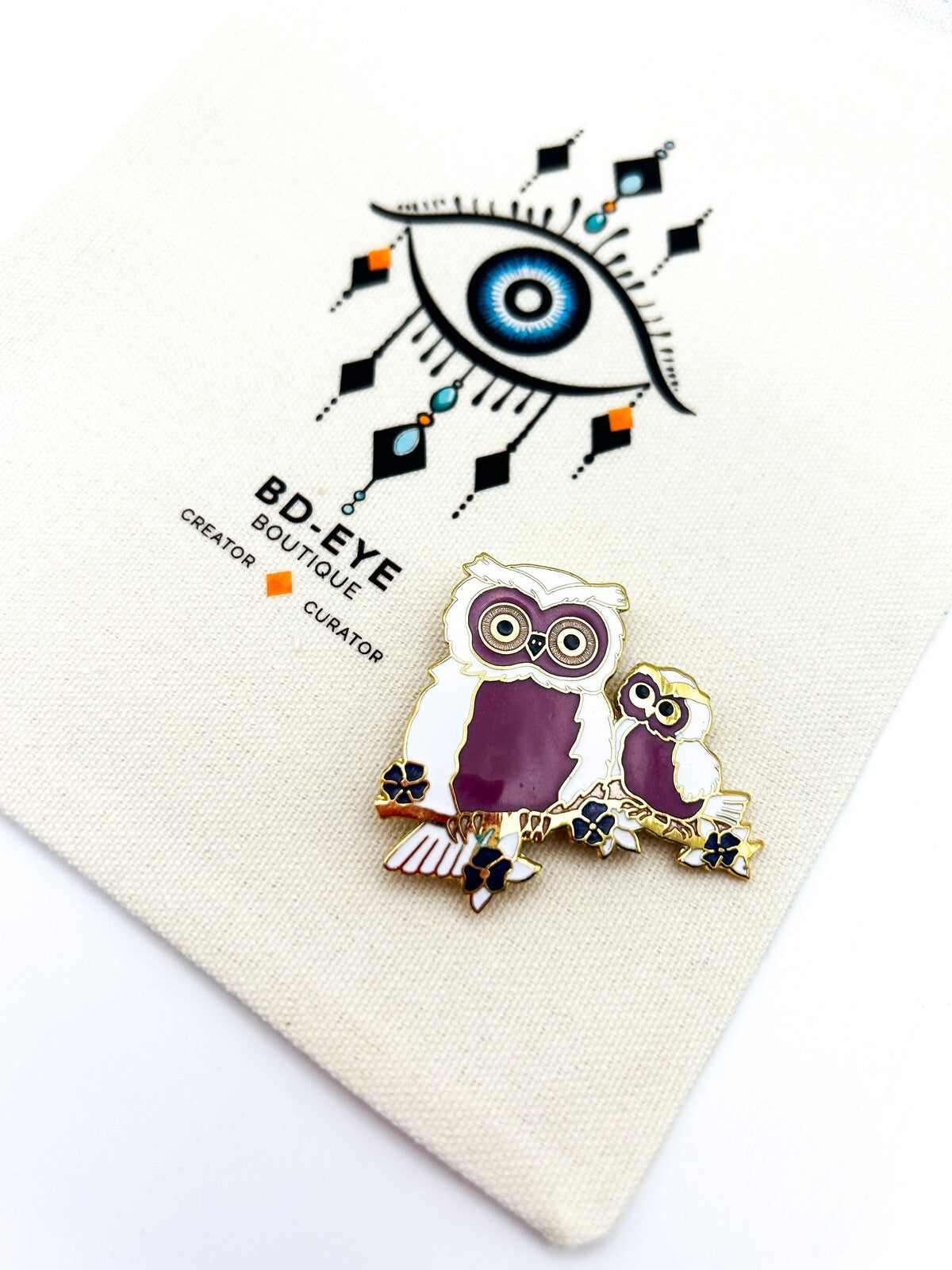 Vintage Fish & Crown Cloisonné Gold tone Enamel Double Owl Brooch