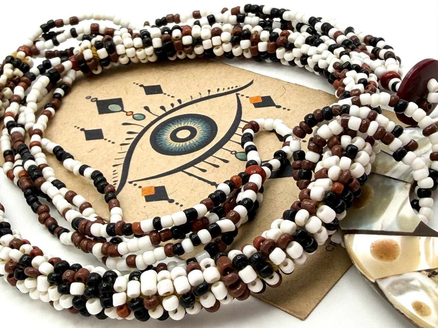 Five Strand Brown, White & Black Seed Bead Necklace with Shell Inlay Donut Penda