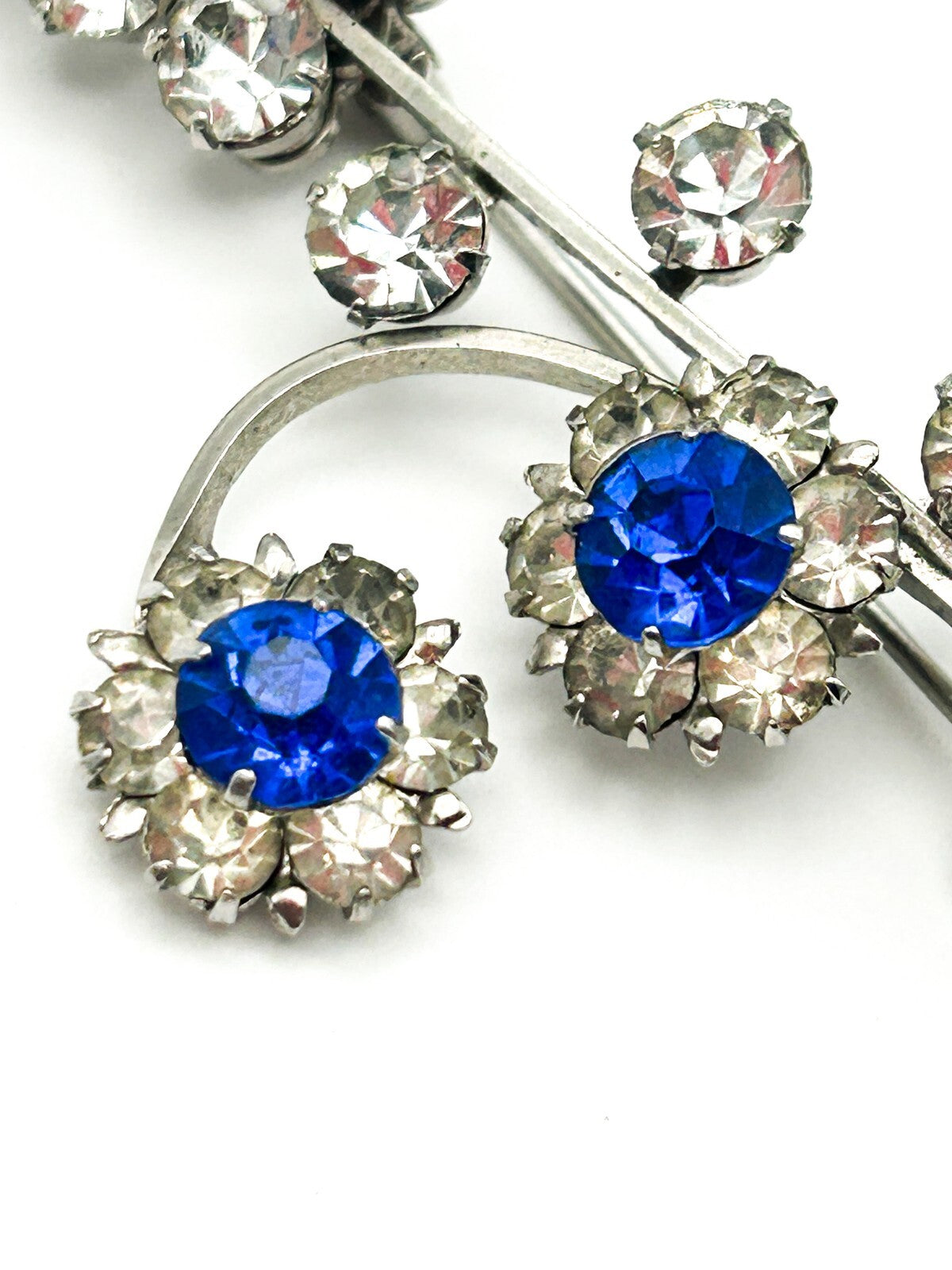 Vintage Blue Rhinestone Brooch Floral Drop Silver Tone Dangle Pin