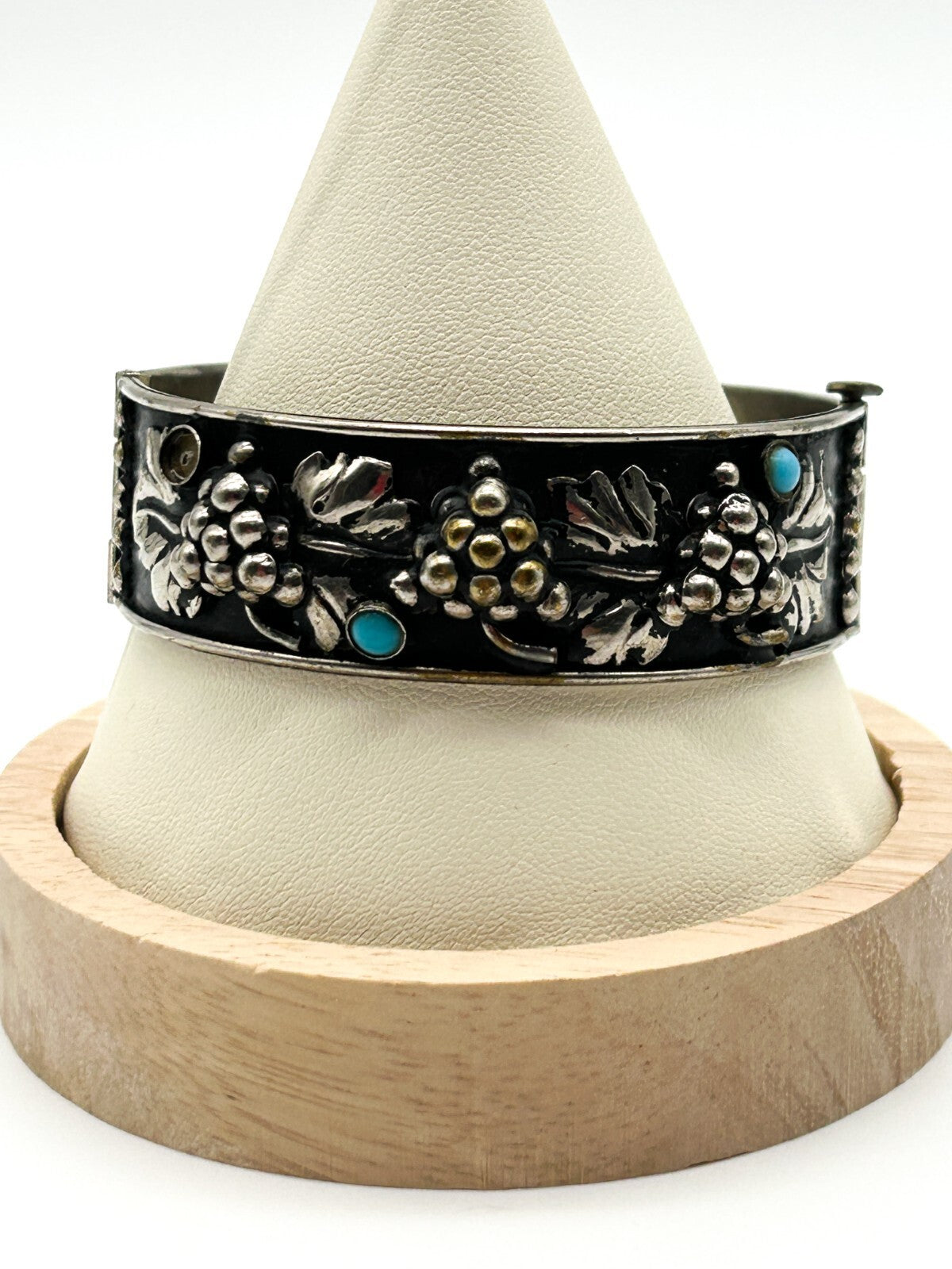 Vintage Silver Plated Grapevine Cuff Bracelet Black Japanned Bacchus Bangle