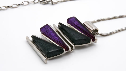 Geometric Modernist Pendant Necklace - Purple, Black, Silver w/ Snake Chain