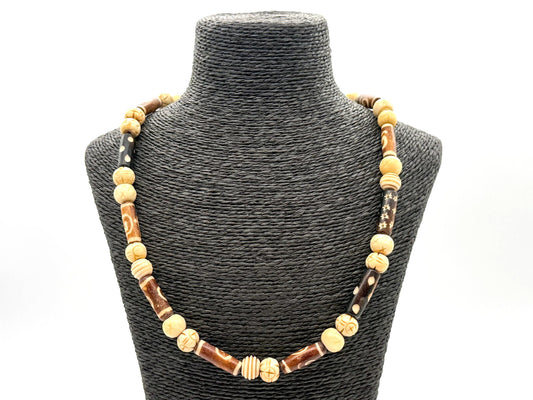 Vintage Carved Organic Material Bead Necklace Brown Cream Painted Barrel Beads