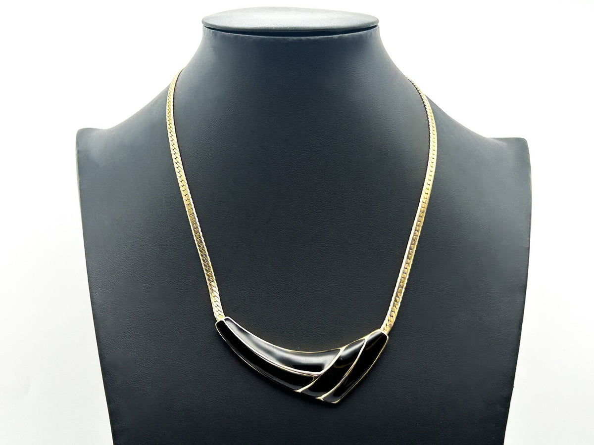 Vintage 80s Gold Tone Herringbone Necklace Black Enamel Curve Statement 17”