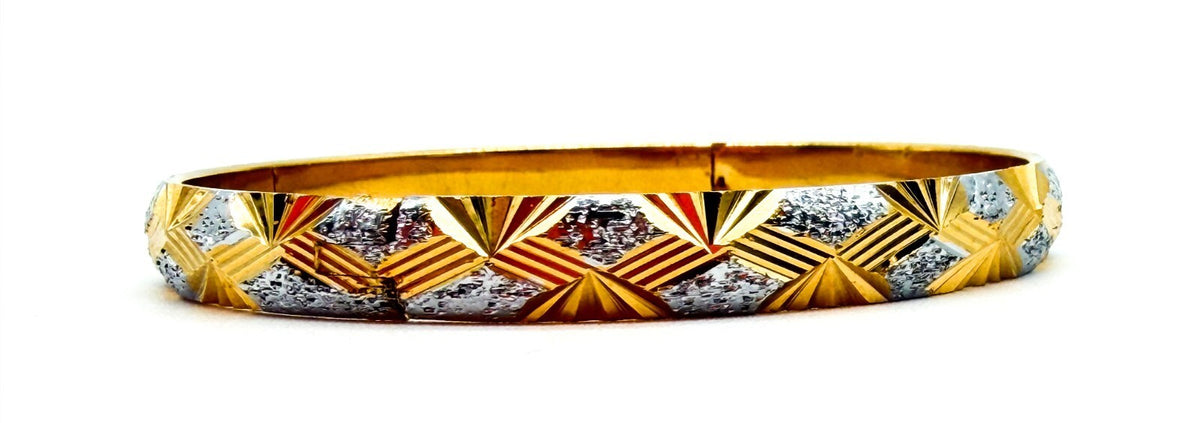Gold Tone Diamond Cut Hinged Bangle Bracelet Silver Tone Accents Geometric