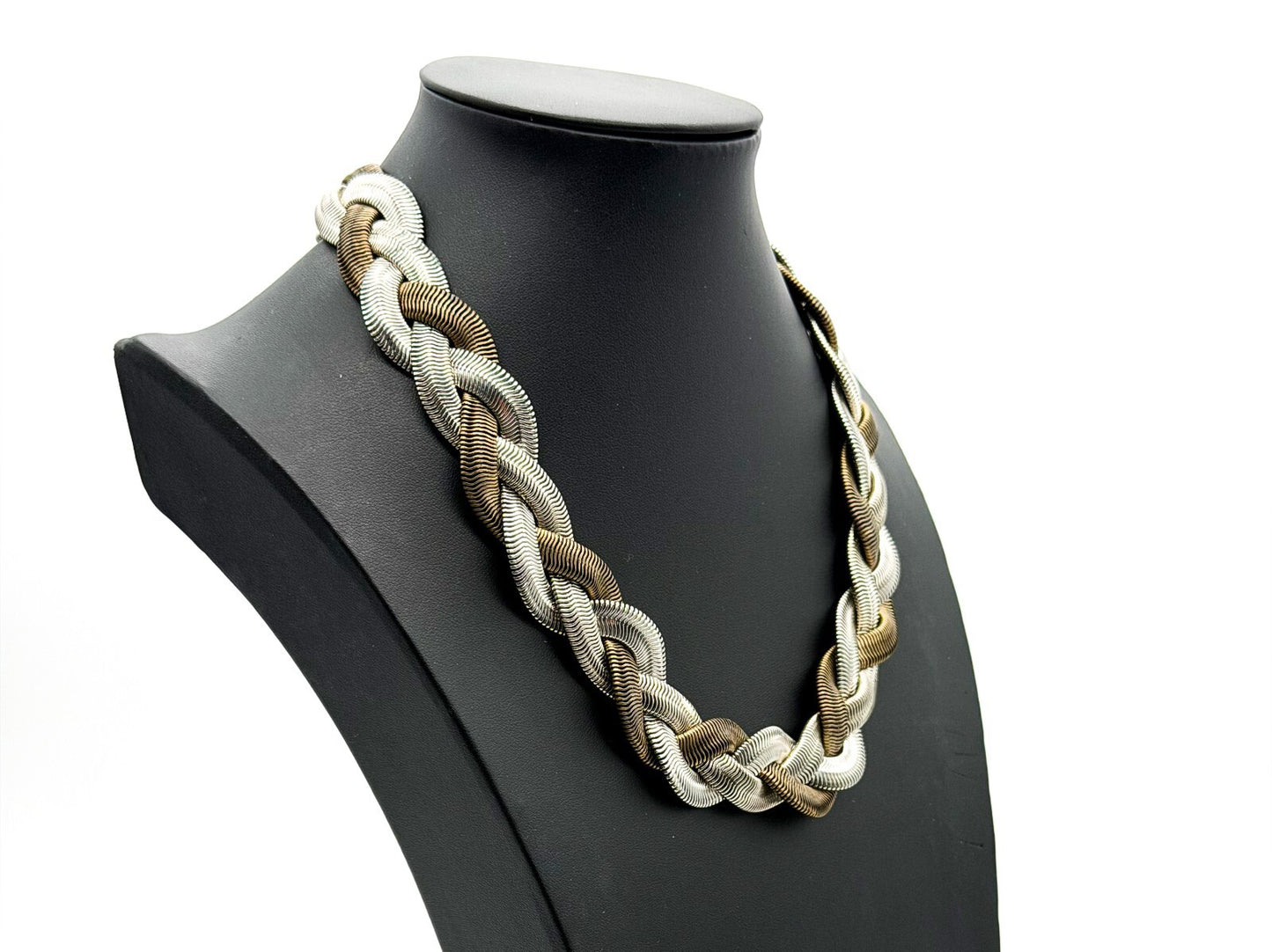 M&S Statement Necklace Mixed Metal Braided Snake Chain Wide Collar 18” Retro