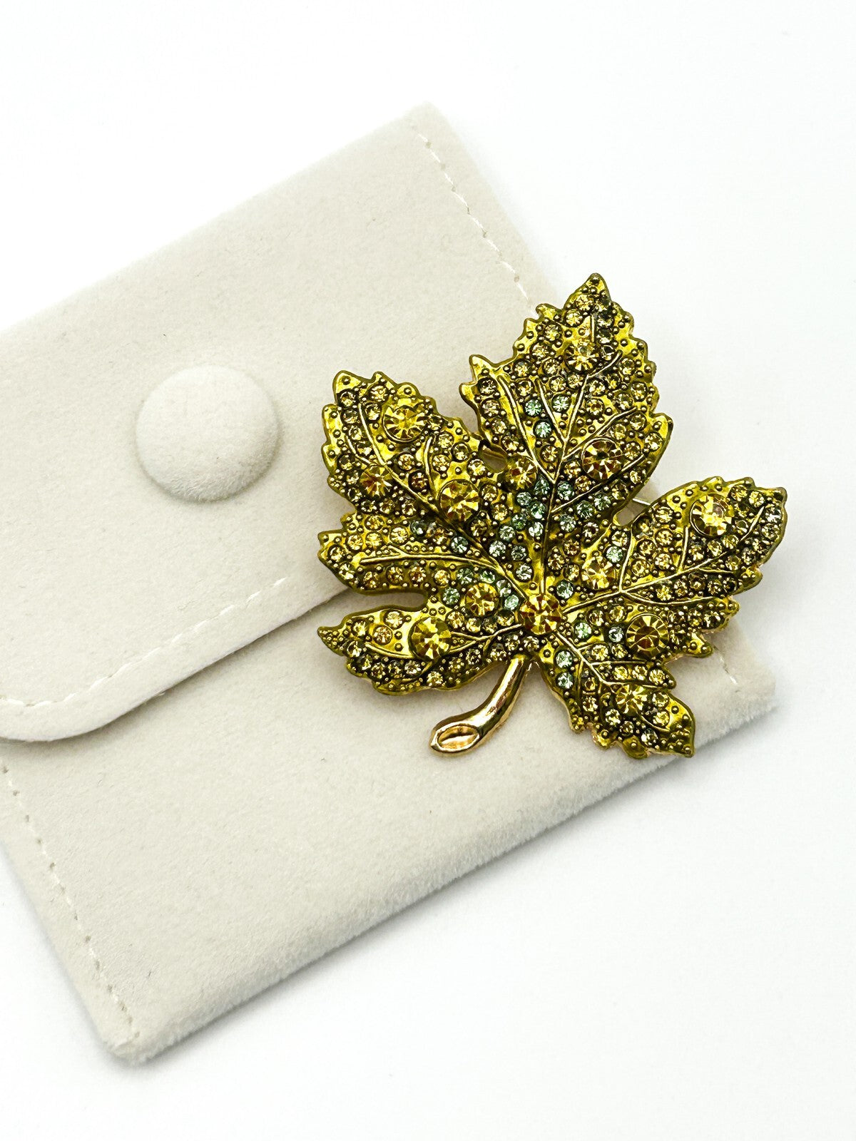 Vintage Maple Leaf Brooch Gold Tone Green Rhinestone Leaf Pin