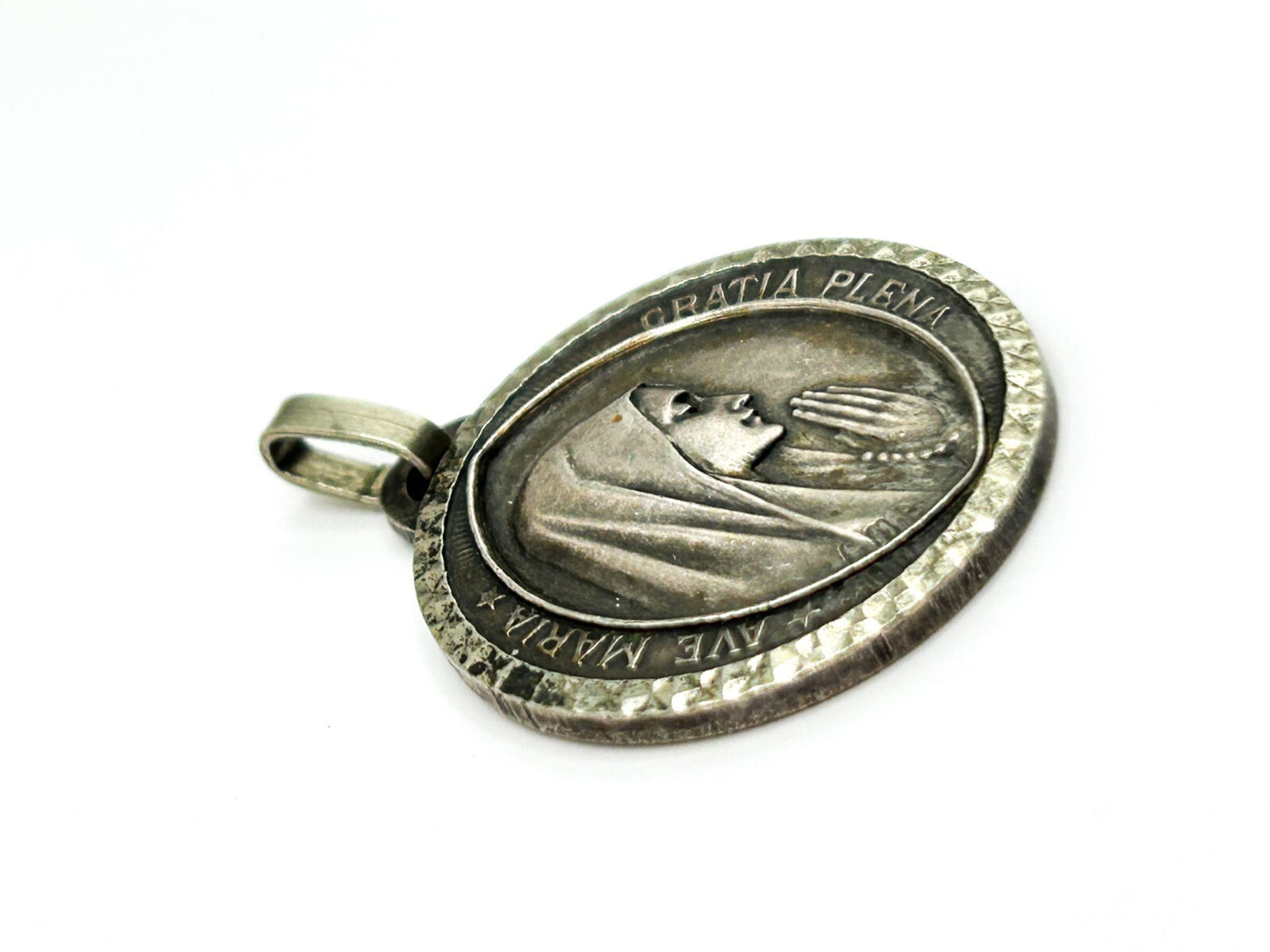 Vintage Our Lady Lourdes Medal Pendant Ave Maria Catholic Virgin Mary 2.5cm