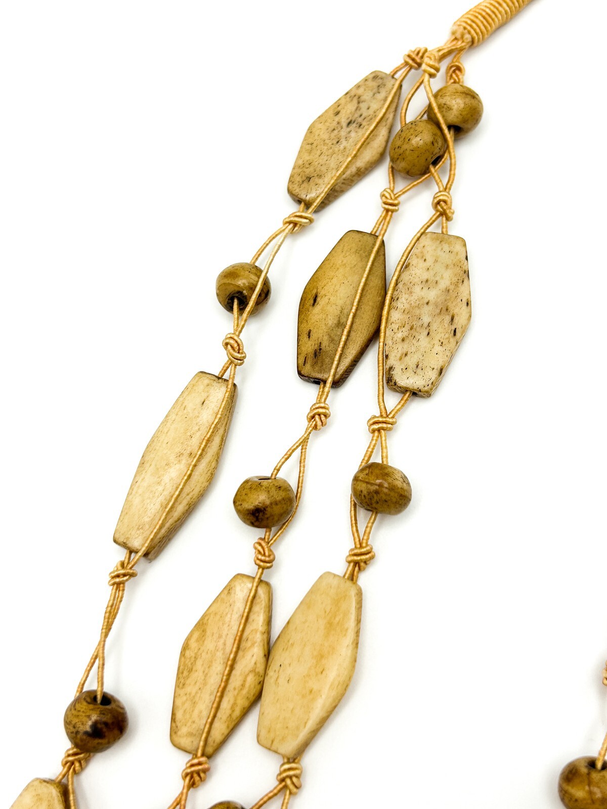 Vintage 70s Multi-Strand Macramé Organic Bead Boho Necklace - Tan & Beige 21.5"