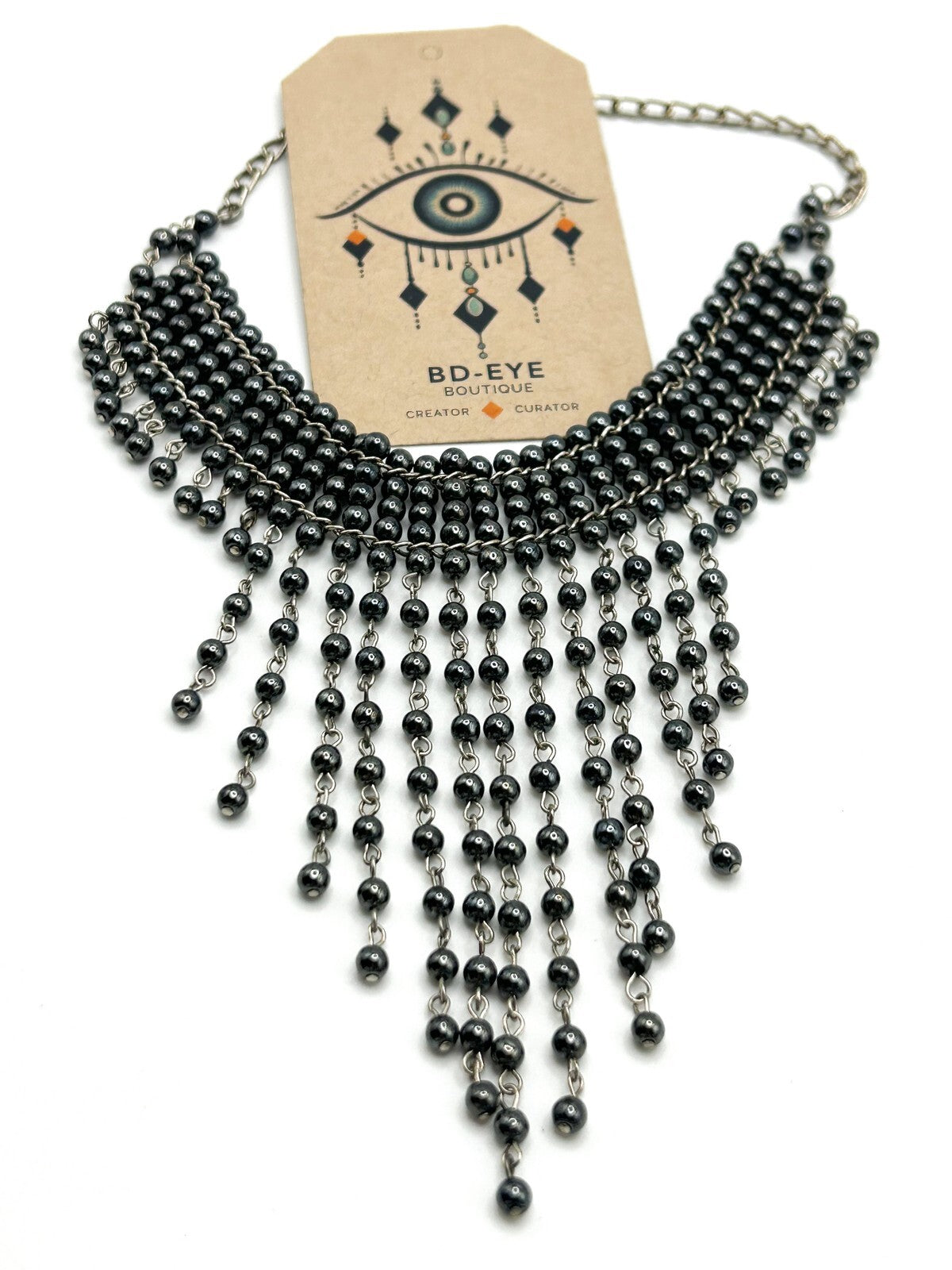 Gunmetal Glass Faux Pearl Tassel Choker Necklace – 34g