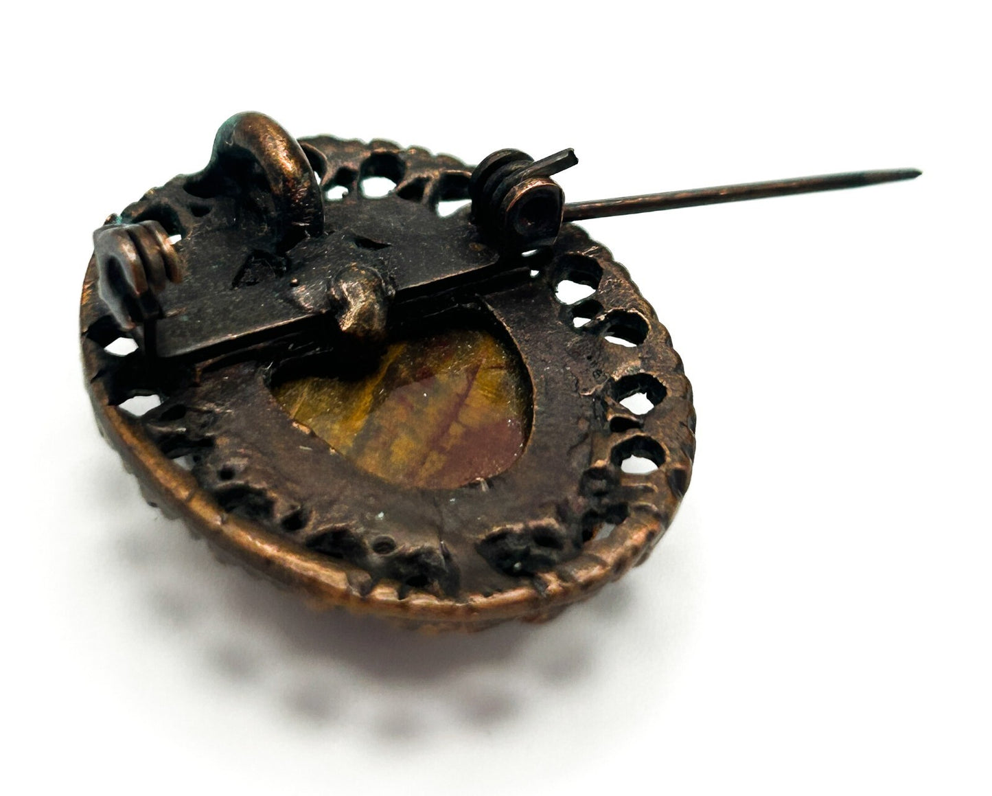 Vintage Picture Jasper Brooch Pendant Copper Tone Oval Cabochon Pin