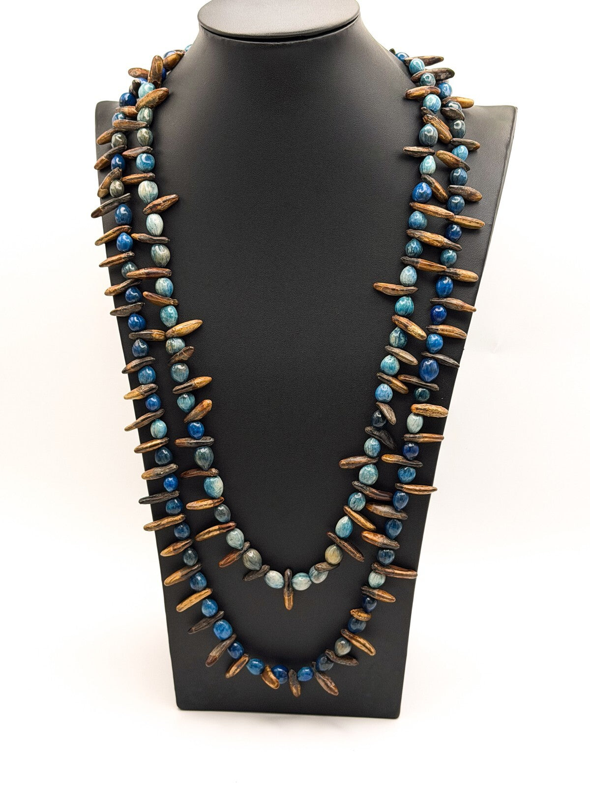 Blue & Brown Dyed Seed Long Boho Necklace