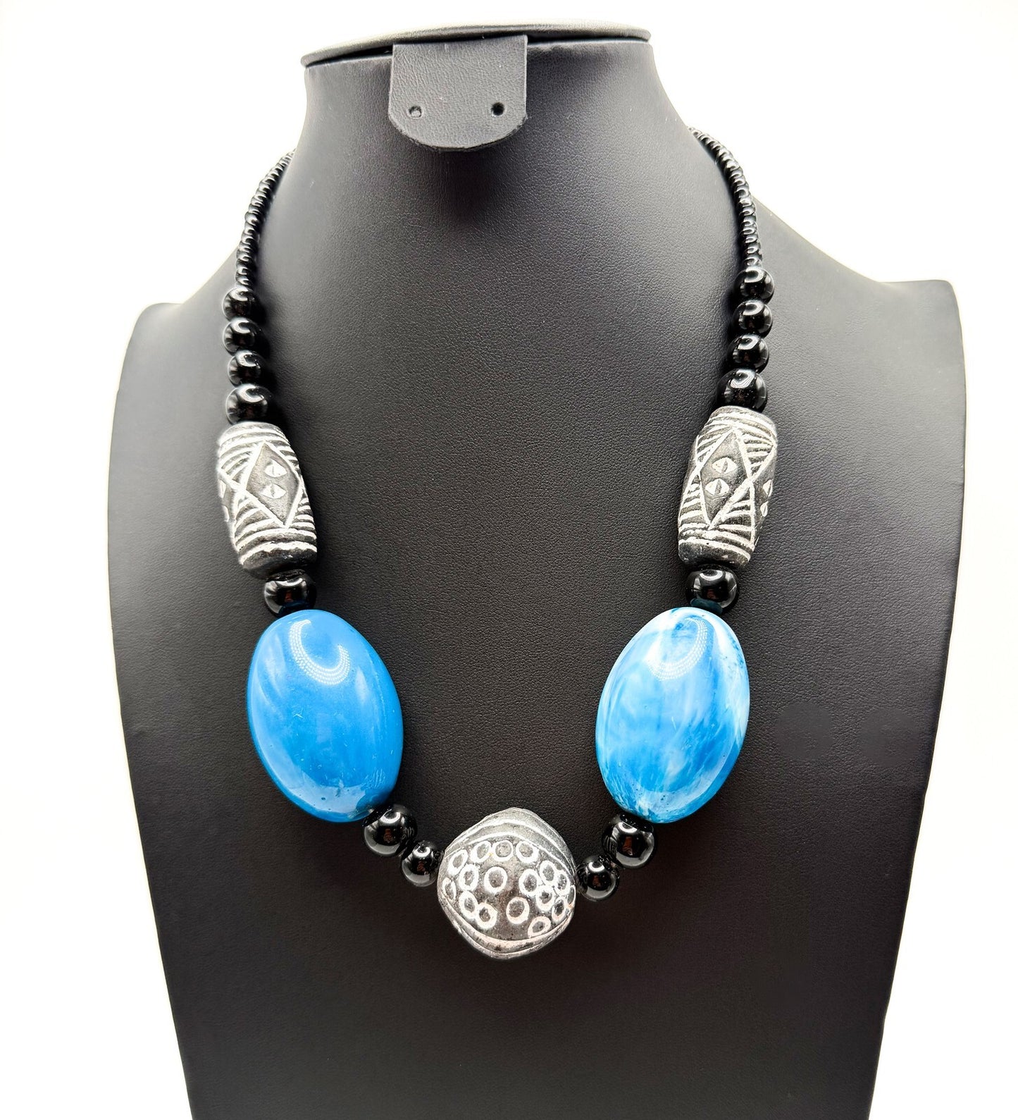Chunky Vintage Carved Clay and Blue Marble-effect Swirl Beaded Necklace - 20"