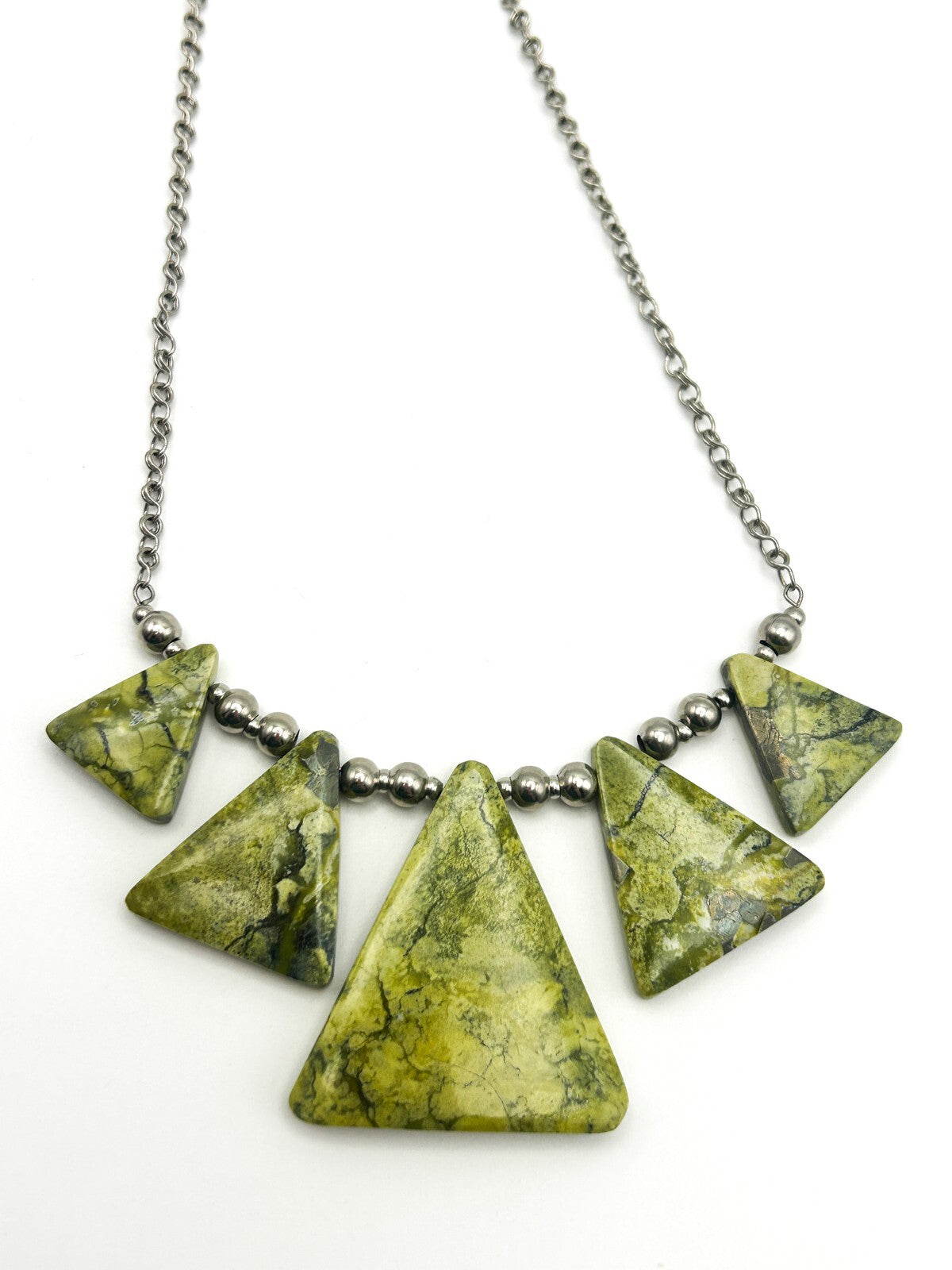 Serpentine Triangle Statement Necklace Lime Green Geometric Gemstone 19”