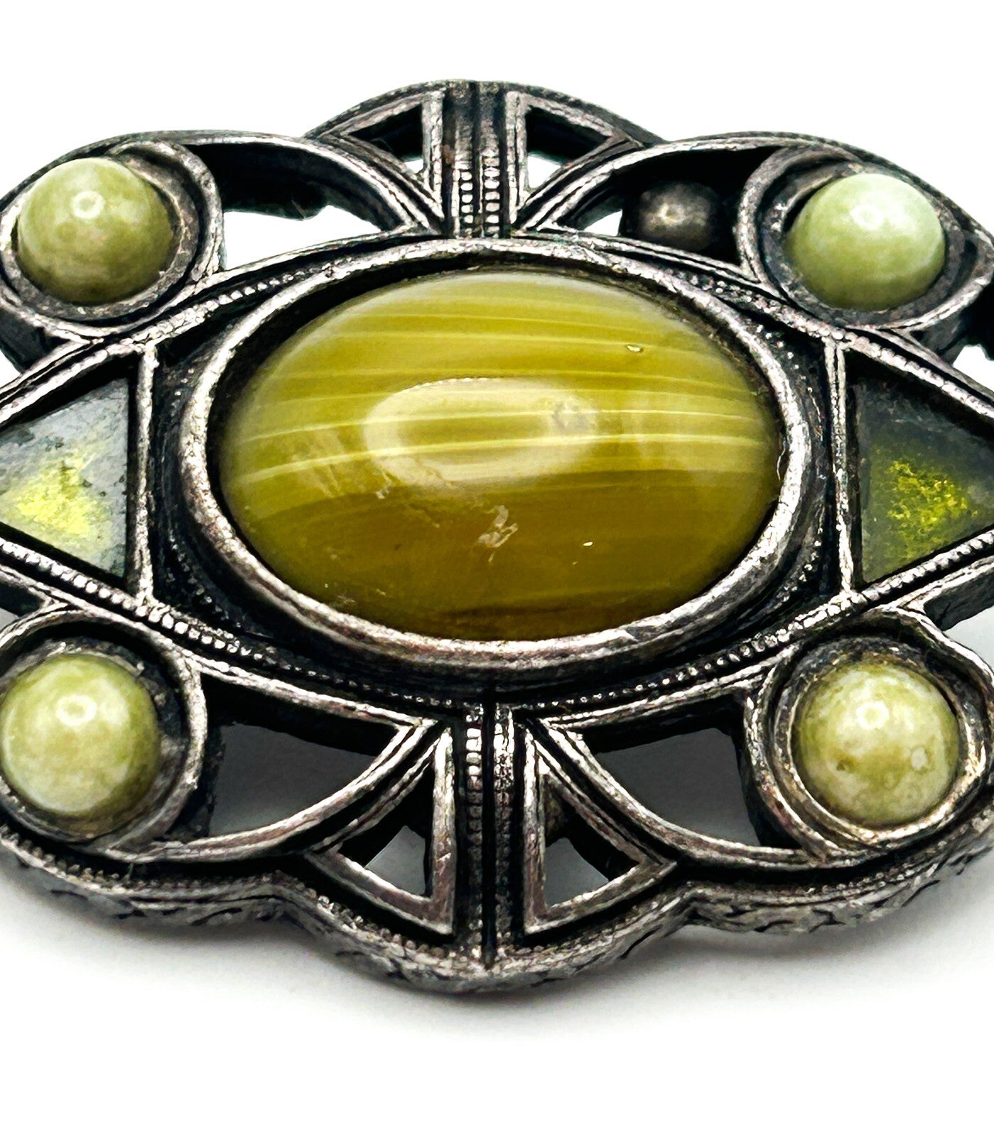 Celtic Style Green Brooch Silver Tone Cabochon Vintage Pin
