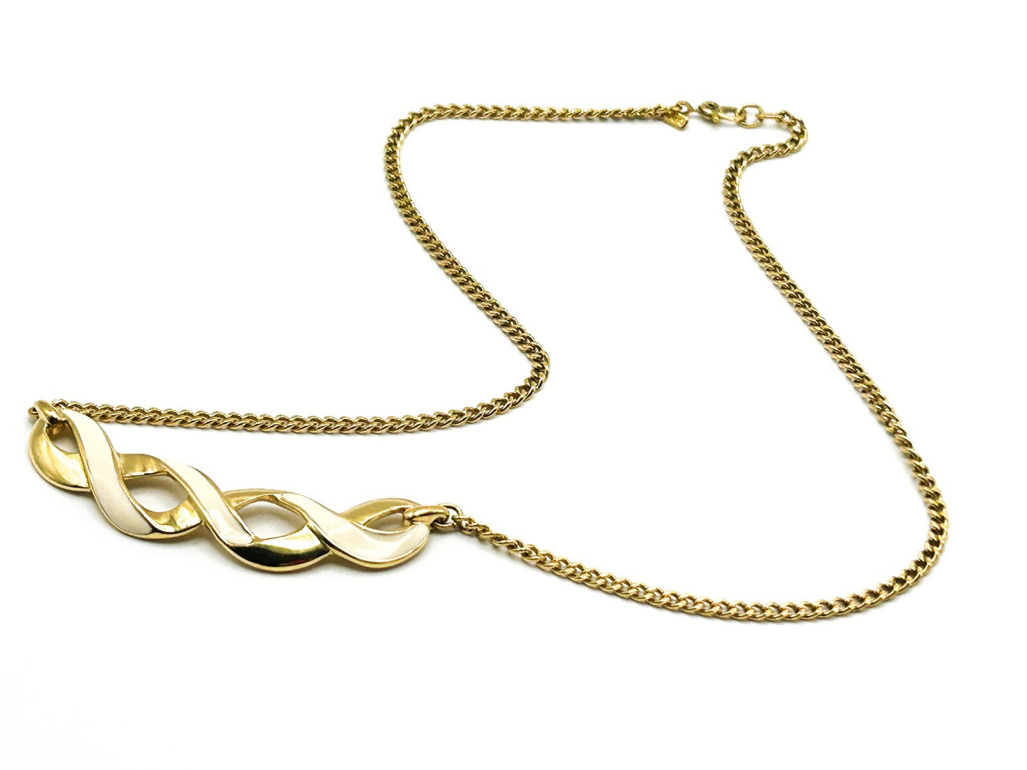 Signed Monet Gold Tone Chain Necklace with Cream Enamel Ribbon Pendant