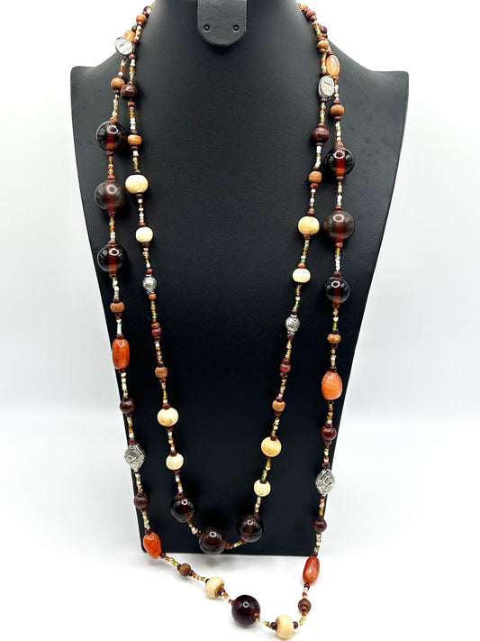 Boho Autumnal Tones Carved Organic Beads and Carnelian 2-layer Beaded Necklace