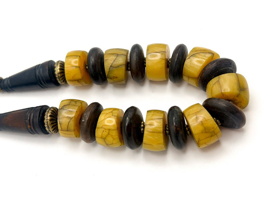 Vintage Dark Wood & Yellow Chunks Boho Necklace with Bronze Tone Accents