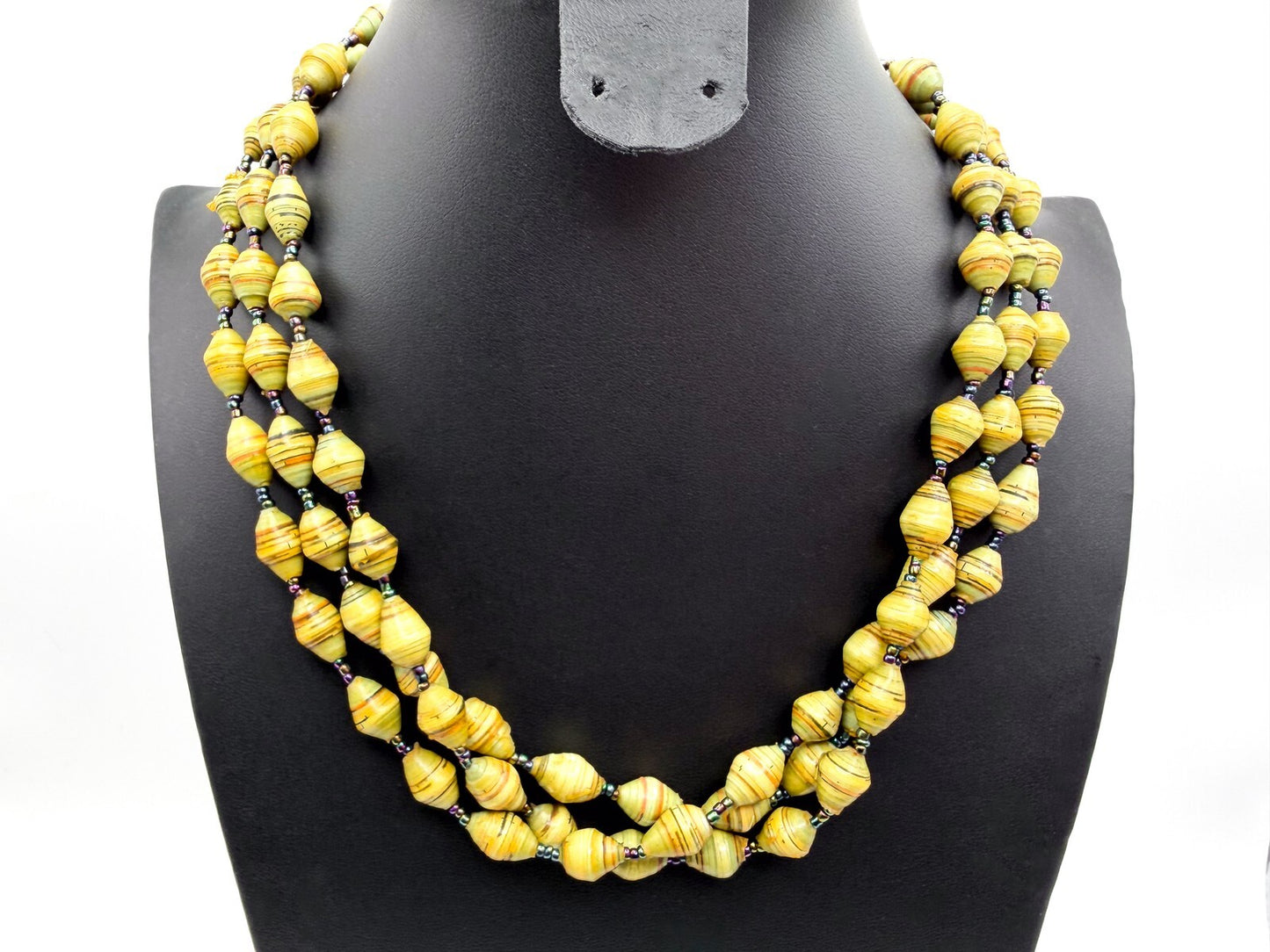 Vintage Multi-Strand Yellow & Green Beaded Necklace - Faux Rolled Paper Beads