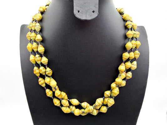 Vintage Multi-Strand Yellow & Green Beaded Necklace - Faux Rolled Paper Beads