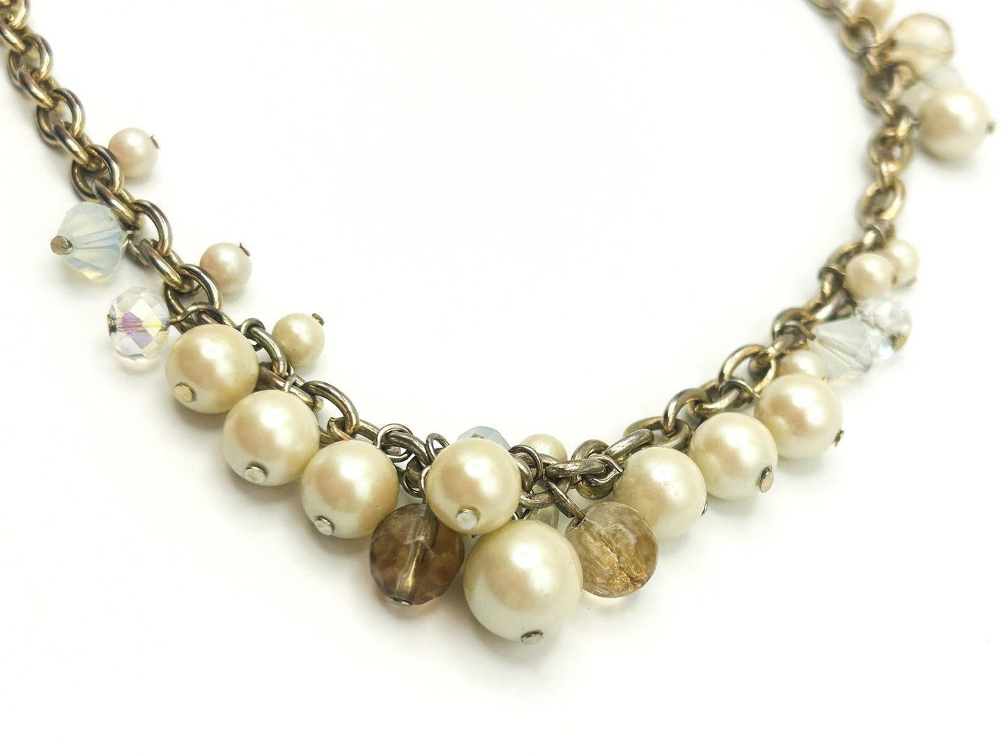 Carolee Gold Tone Faux Pearl Cluster Necklace Long Chain AB Crystal 33” Signed