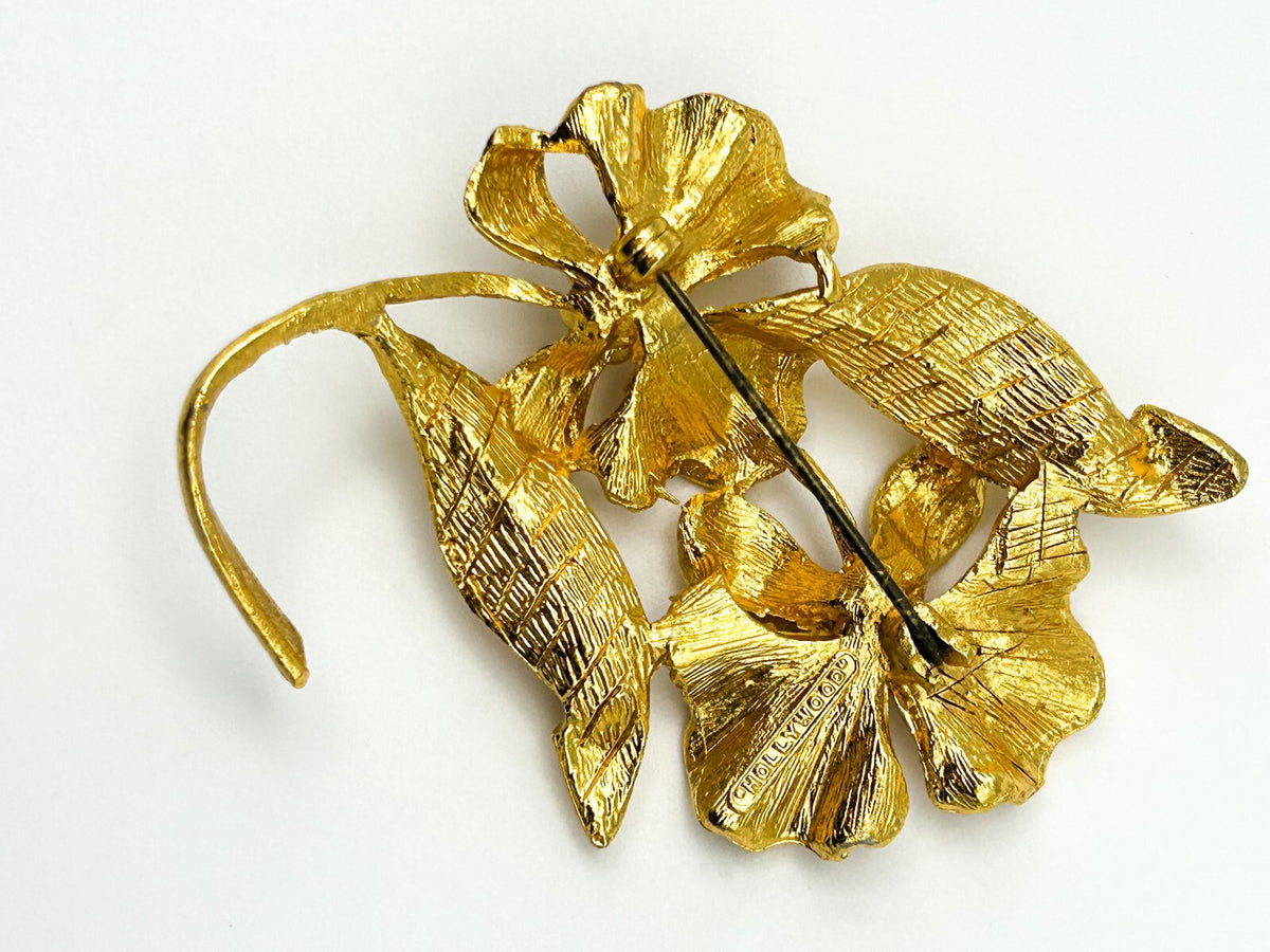Vintage Hollywood Flower Brooch Gold Tone Textured Floral Spray Pin