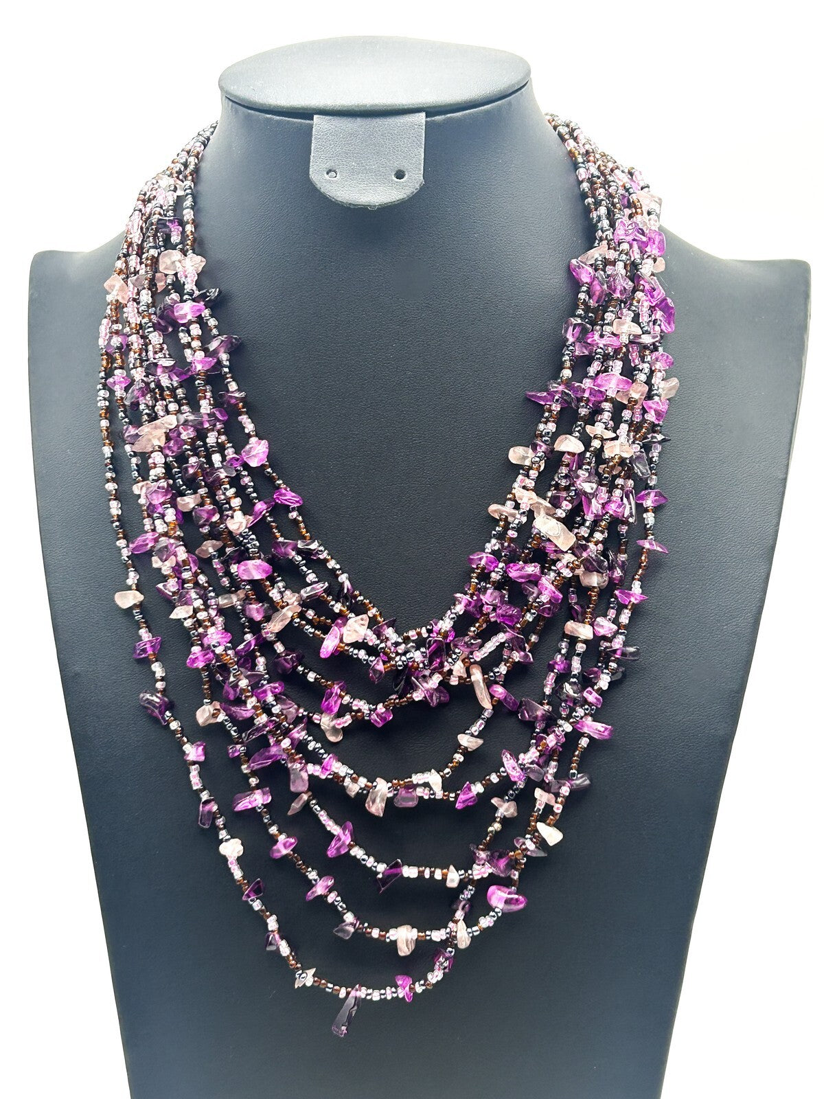 Vintage 11 Layer Amethyst, Quartz & Glass Beaded Purple Tones Statement Necklace
