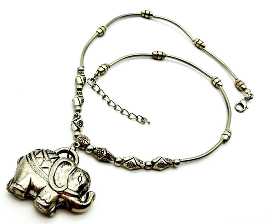 Elephant Pendant Necklace Silver Tone Beaded Tribal Boho Style Animal Charm Cute