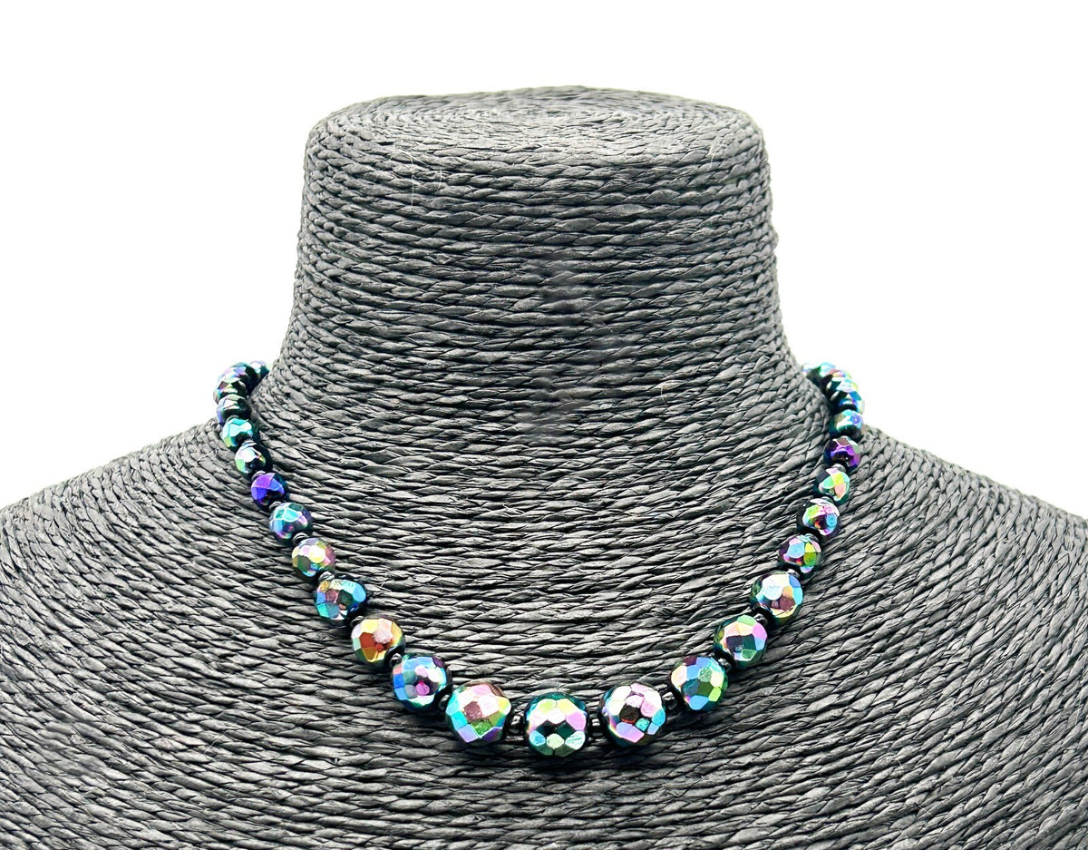 Vintage Aurora Borealis Peacock Glass Choker Necklace Rainbow Faceted Retro AB