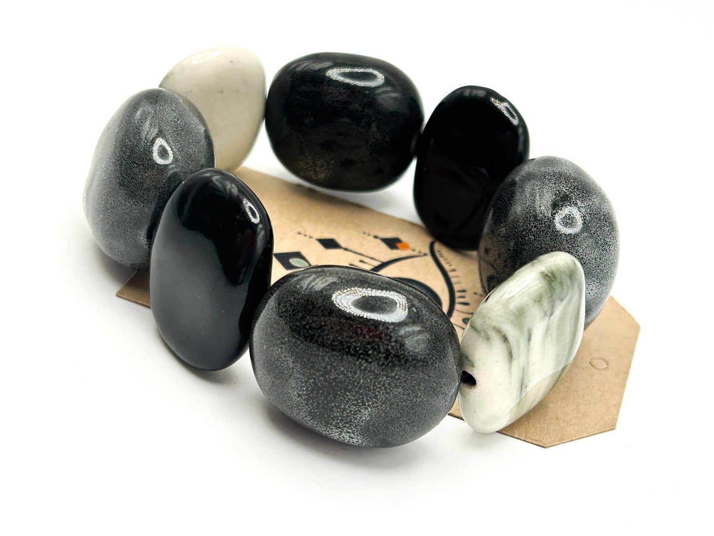 Chunky Marble-Effect Ceramic Necklace & Bracelet Set – Hand-Knotted Grey Ribbon