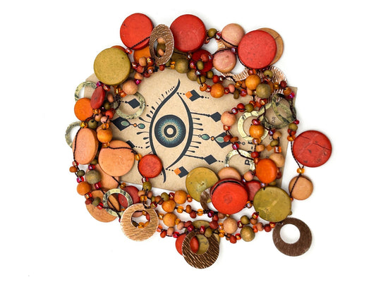 Boho Multi Strand Coconut Shell Necklace Rust Coral Disc Beads Long Statement