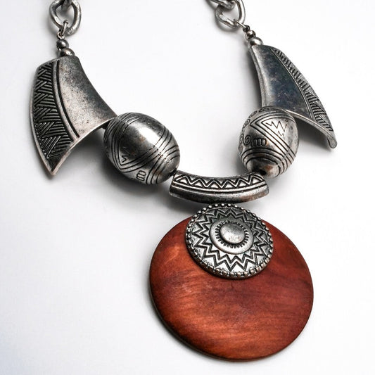 Boho Wood Disc & Silver Collar Statement Necklace