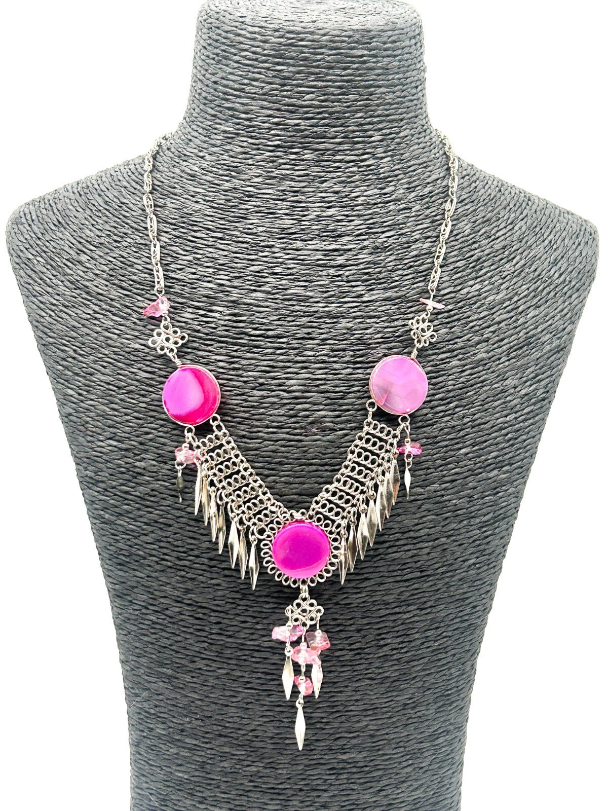 Peruvian Alpaca Necklace Earrings Set Pink Agate Chainmail Fringe Boho Statement