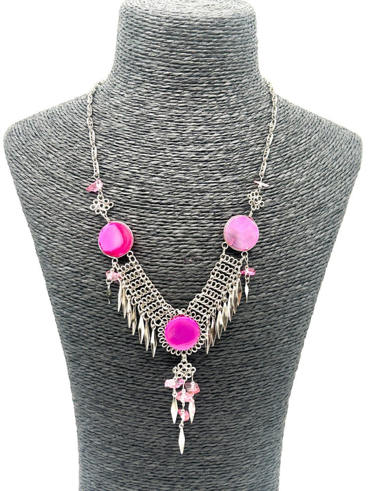 Peruvian Alpaca Necklace Earrings Set Pink Agate Chainmail Fringe Boho Statement