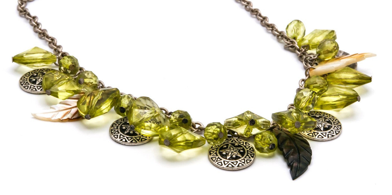 Green Hearts & Charms Choker – Silver Tone 18”