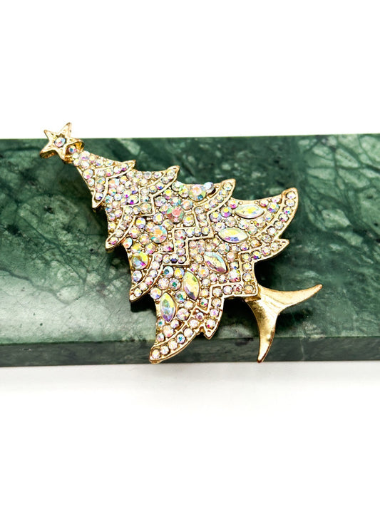 Aurora Borealis Rhinestone Christmas Tree Brooch Festive Sparkle Holiday Pin AB