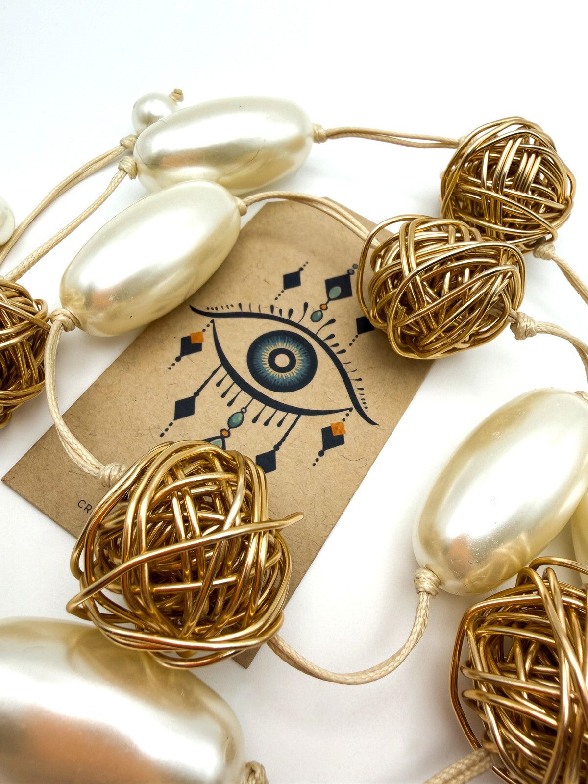 Chunky Oval Pearl & Gold Tone Hand-knotted Wire Wrapped Ball Adjustable Necklace